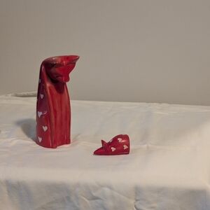 Red  Cat And Mouse Sculpture With Hearts. Sphinx Like Cat. Soapstone. 5.5 Inches